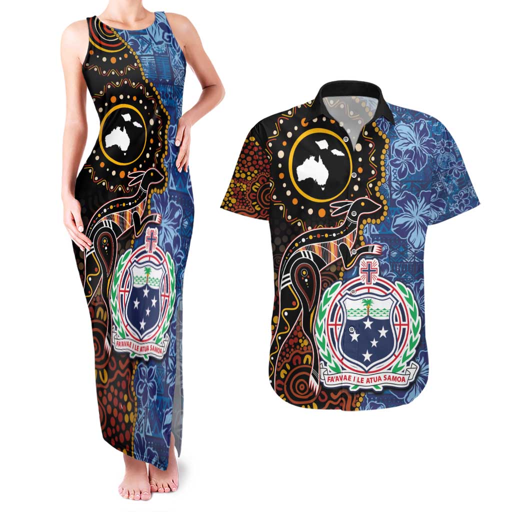 Samoa and Australia Together Couples Matching Tank Maxi Dress and Hawaiian Shirt Kangaroo and Tribal Hibiscus Aboriginal Pattern LT03 Blue - Polynesian Pride