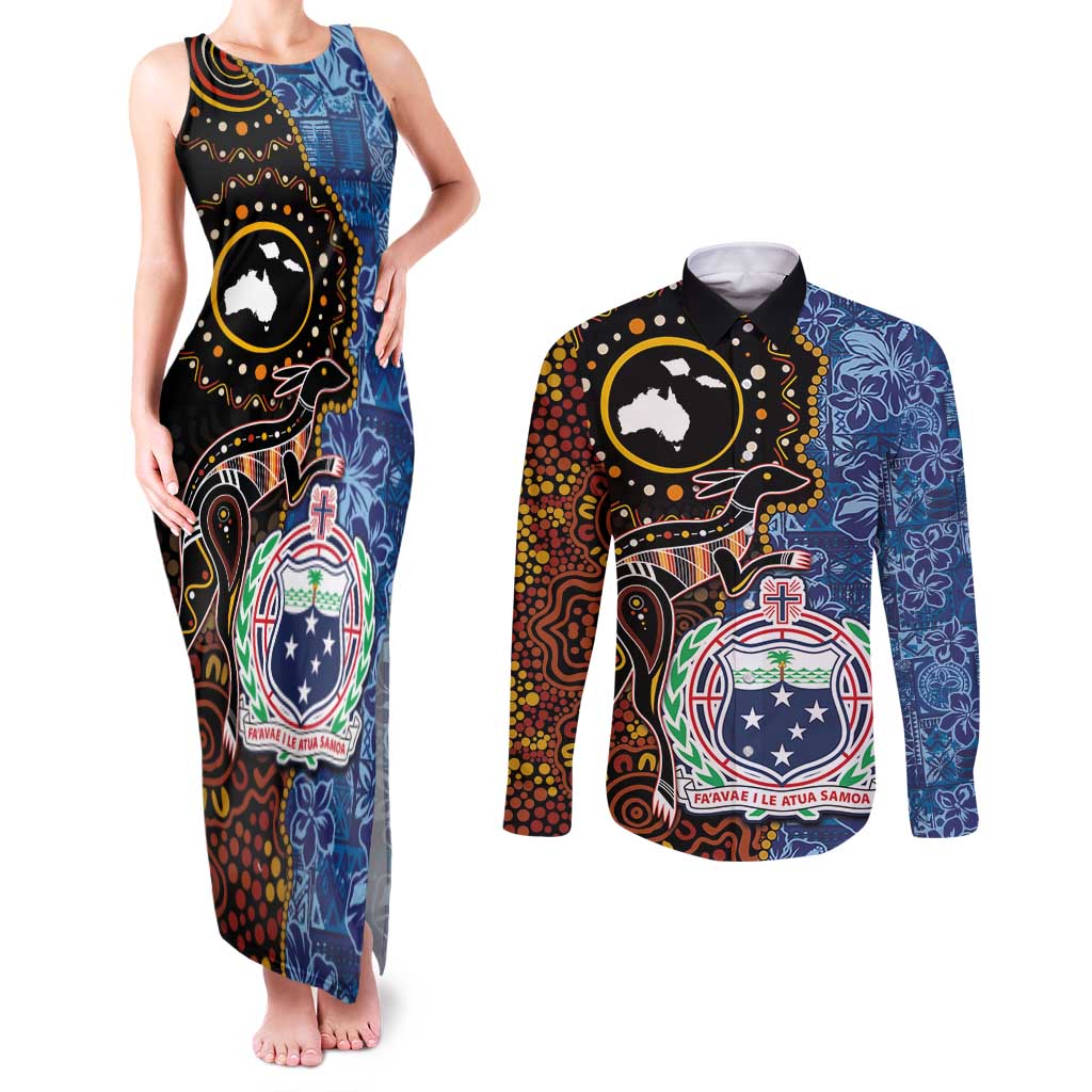 Samoa and Australia Together Couples Matching Tank Maxi Dress and Long Sleeve Button Shirt Kangaroo and Tribal Hibiscus Aboriginal Pattern LT03 Blue - Polynesian Pride