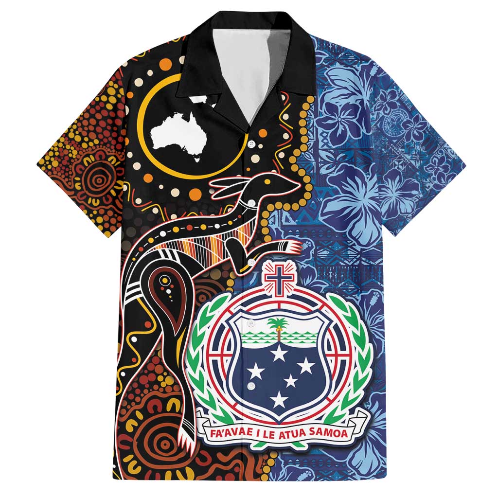 Samoa and Australia Together Hawaiian Shirt Kangaroo and Tribal Hibiscus Aboriginal Pattern LT03 Blue - Polynesian Pride