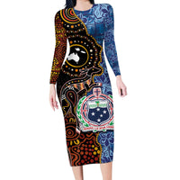 Samoa and Australia Together Long Sleeve Bodycon Dress Kangaroo and Tribal Hibiscus Aboriginal Pattern LT03 Long Dress Blue - Polynesian Pride