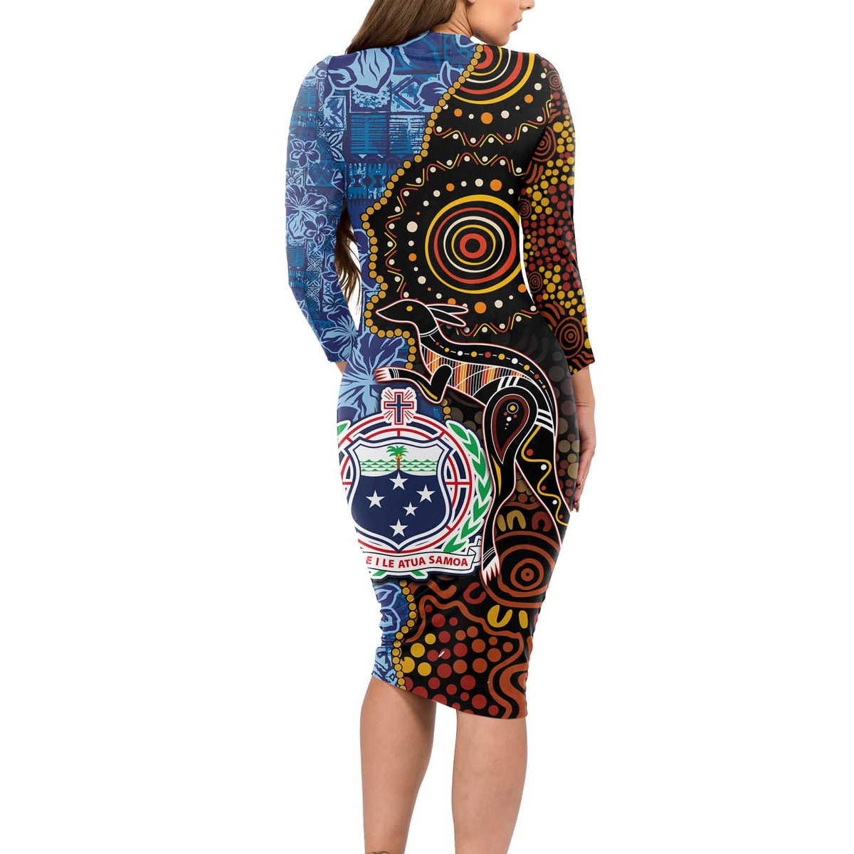 Samoa and Australia Together Long Sleeve Bodycon Dress Kangaroo and Tribal Hibiscus Aboriginal Pattern LT03 - Polynesian Pride