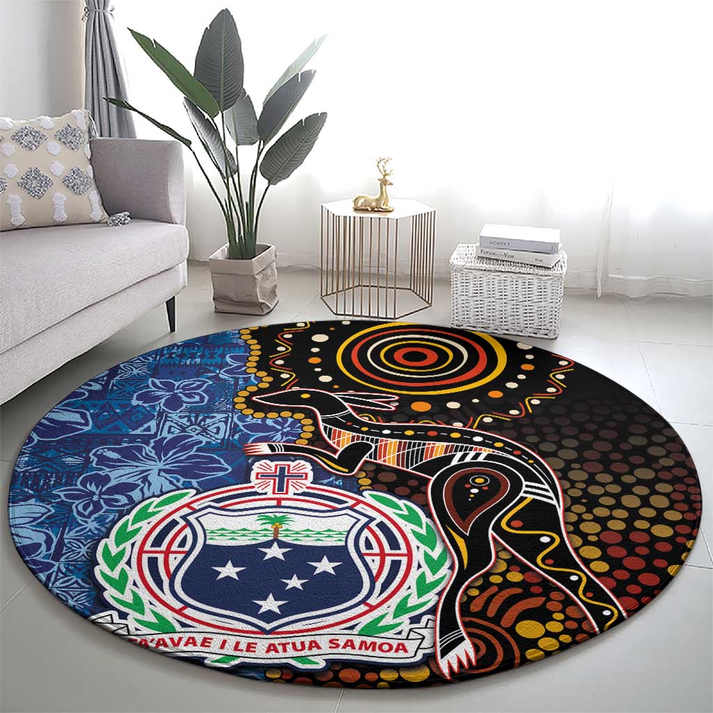 Samoa and Australia Together Round Carpet Kangaroo and Tribal Hibiscus Aboriginal Pattern LT03 - Polynesian Pride