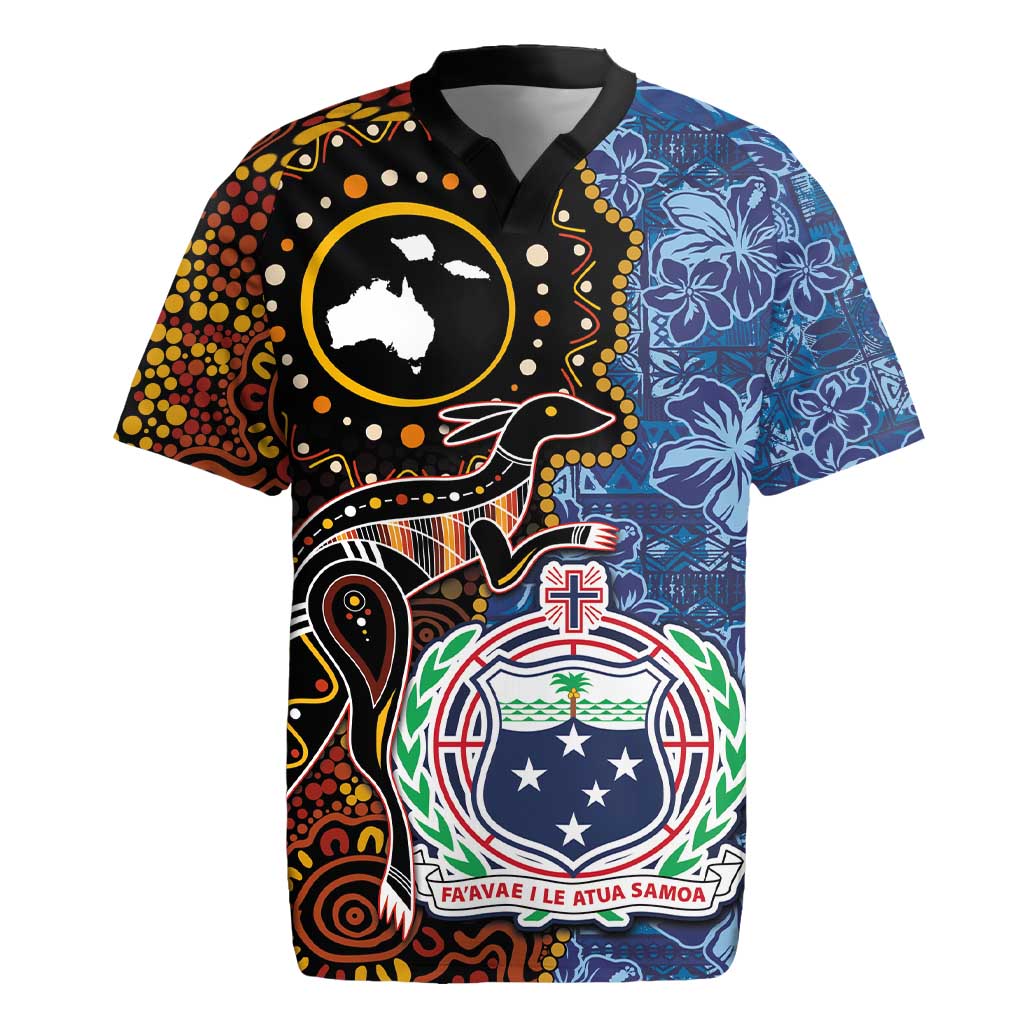 Samoa and Australia Together Rugby Jersey Kangaroo and Tribal Hibiscus Aboriginal Pattern LT03 Blue - Polynesian Pride