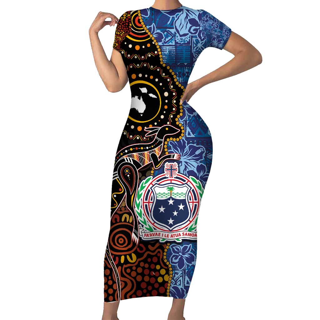 Samoa and Australia Together Short Sleeve Bodycon Dress Kangaroo and Tribal Hibiscus Aboriginal Pattern LT03 Long Dress Blue - Polynesian Pride