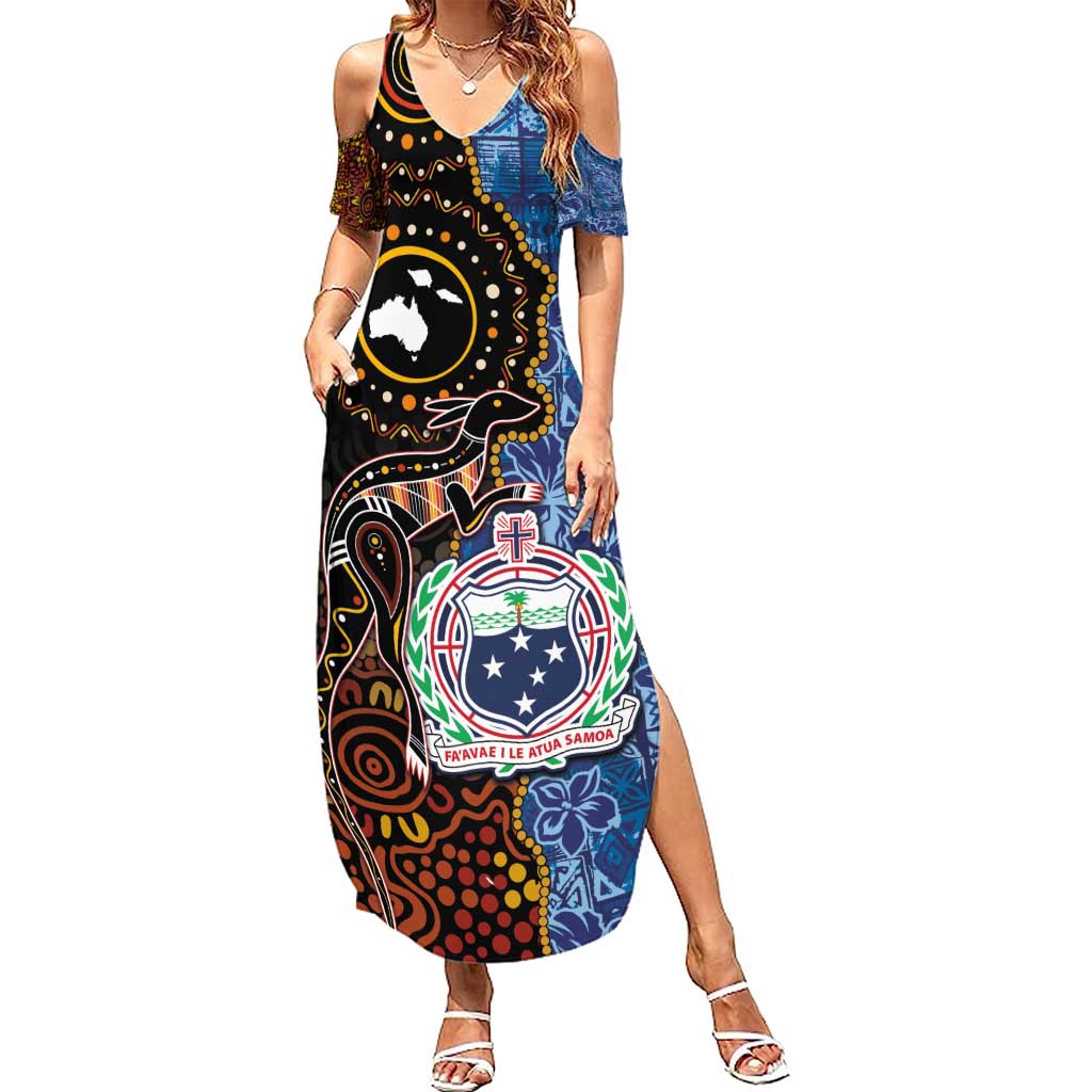 Samoa and Australia Together Summer Maxi Dress Kangaroo and Tribal Hibiscus Aboriginal Pattern LT03 Women Blue - Polynesian Pride