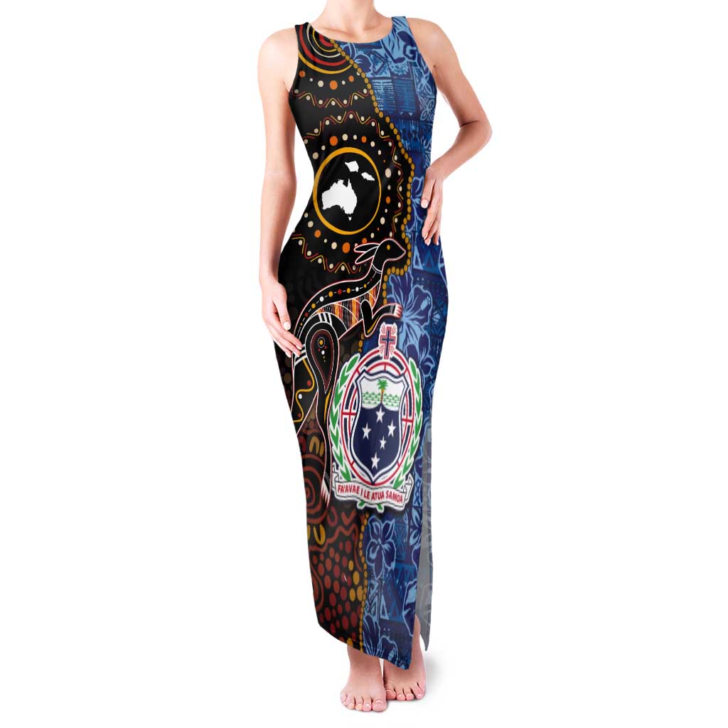 Samoa and Australia Together Tank Maxi Dress Kangaroo and Tribal Hibiscus Aboriginal Pattern LT03 Women Blue - Polynesian Pride