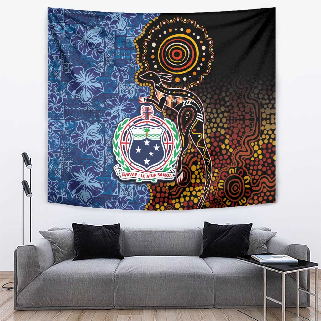 Samoa and Australia Together Tapestry Kangaroo and Tribal Hibiscus Aboriginal Pattern LT03 Blue - Polynesian Pride