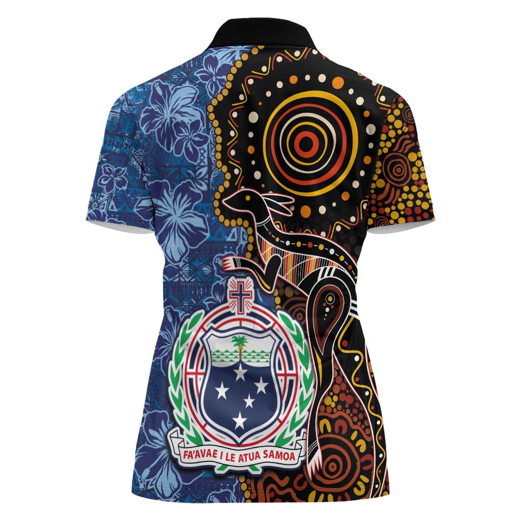 Samoa and Australia Together Women Polo Shirt Kangaroo and Tribal Hibiscus Aboriginal Pattern