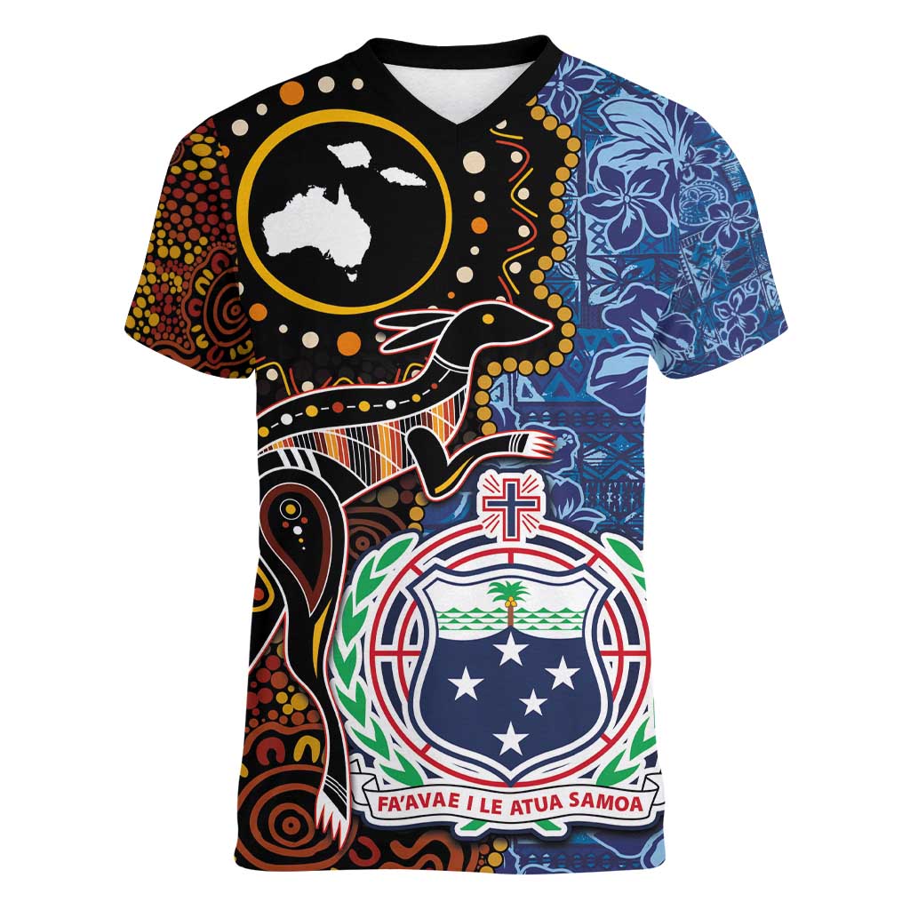 Samoa and Australia Together Women V-Neck T-Shirt Kangaroo and Tribal Hibiscus Aboriginal Pattern LT03 Female Blue - Polynesian Pride