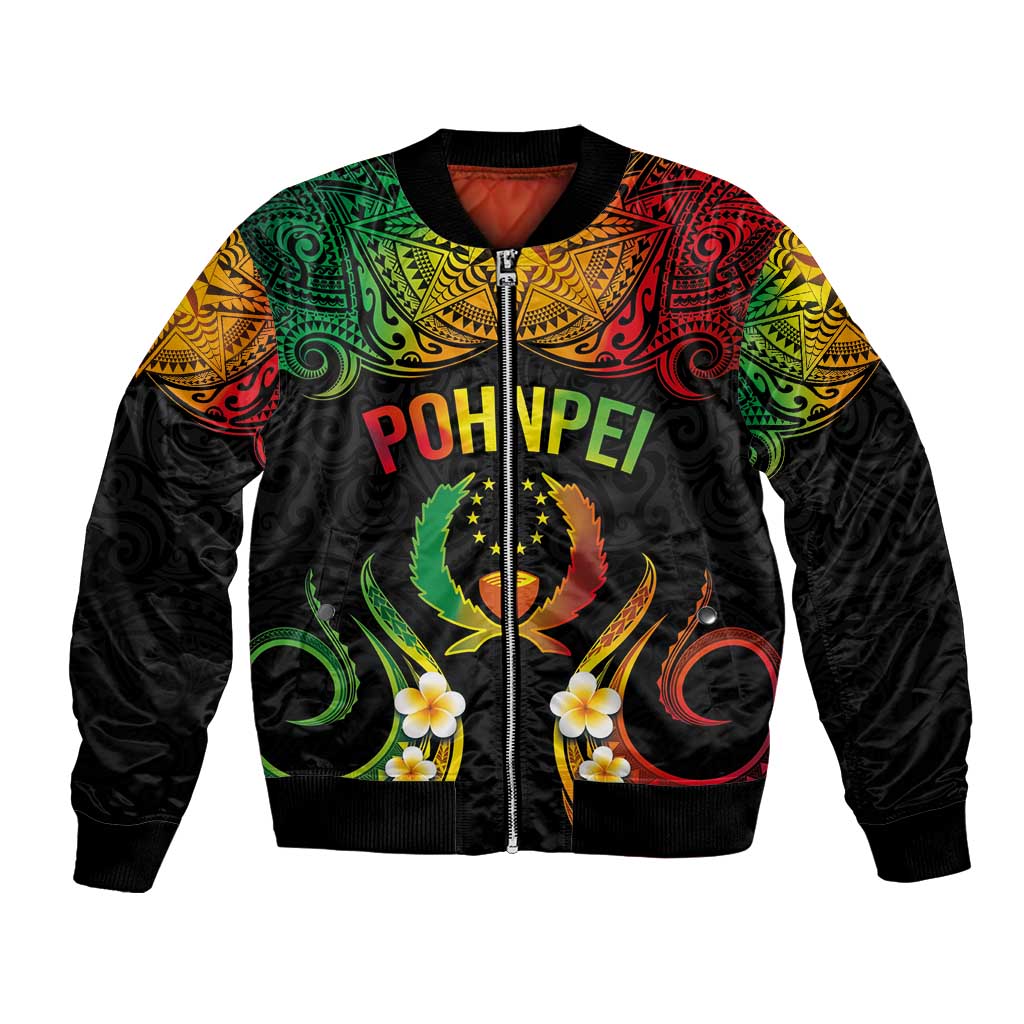 Personalised Pohnpei Independence Day Bomber Jacket Polynesian Tattoo and Plumeria Reggae Color LT03 Unisex Reggae - Polynesian Pride