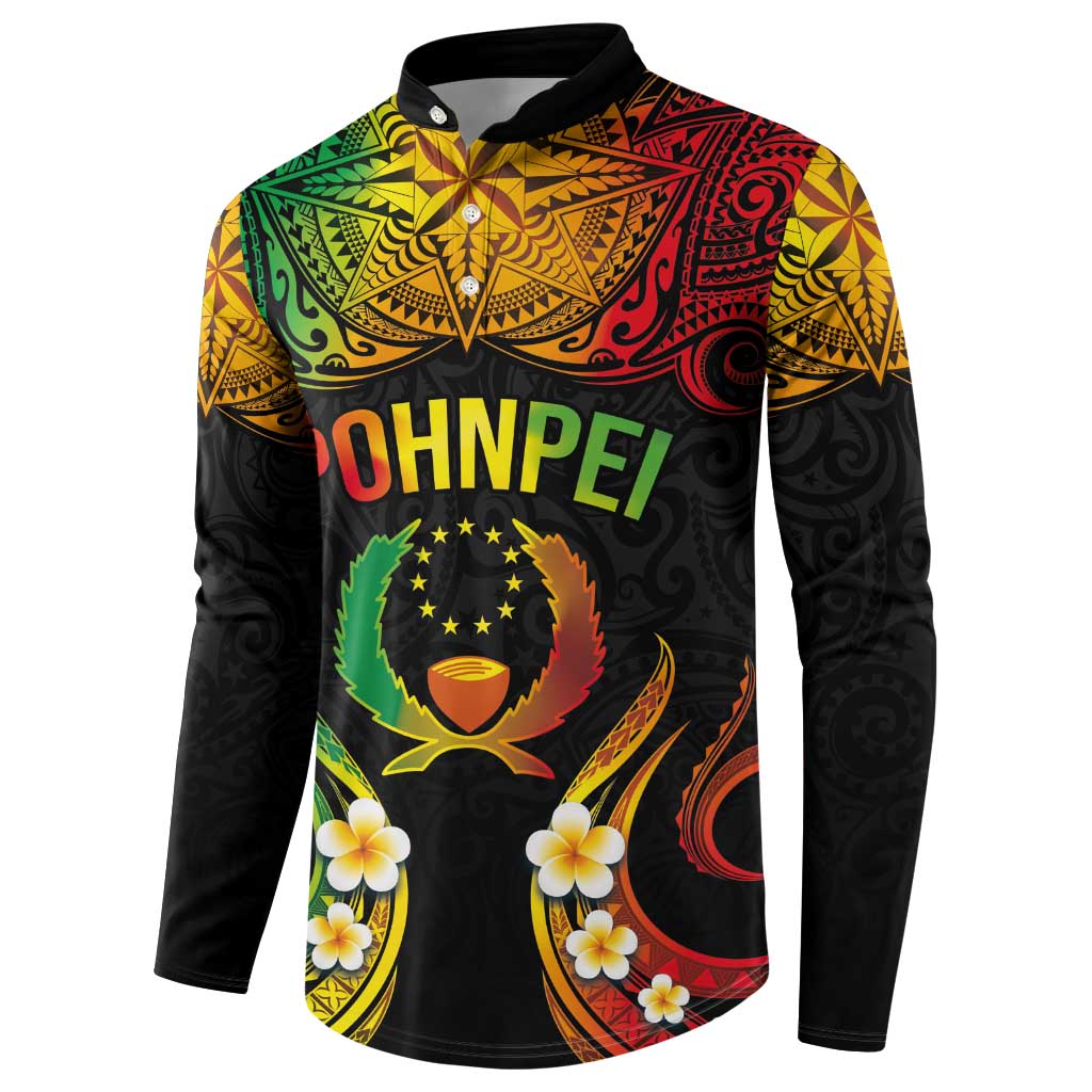 Personalised Pohnpei Independence Day Button Sweatshirt Polynesian Tattoo and Plumeria Reggae Color