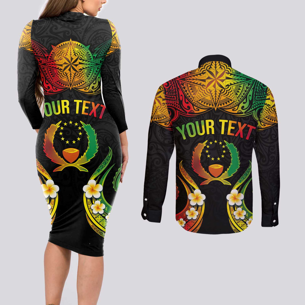 Personalised Pohnpei Independence Day Couples Matching Long Sleeve Bodycon Dress and Long Sleeve Button Shirt Polynesian Tattoo and Plumeria Reggae Color