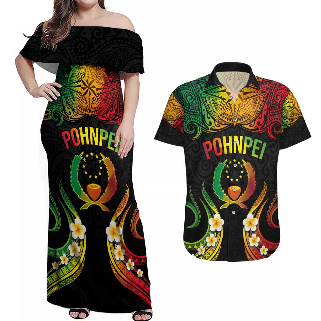 Personalised Pohnpei Independence Day Couples Matching Off Shoulder Maxi Dress and Hawaiian Shirt Polynesian Tattoo and Plumeria Reggae Color LT03 Reggae - Polynesian Pride