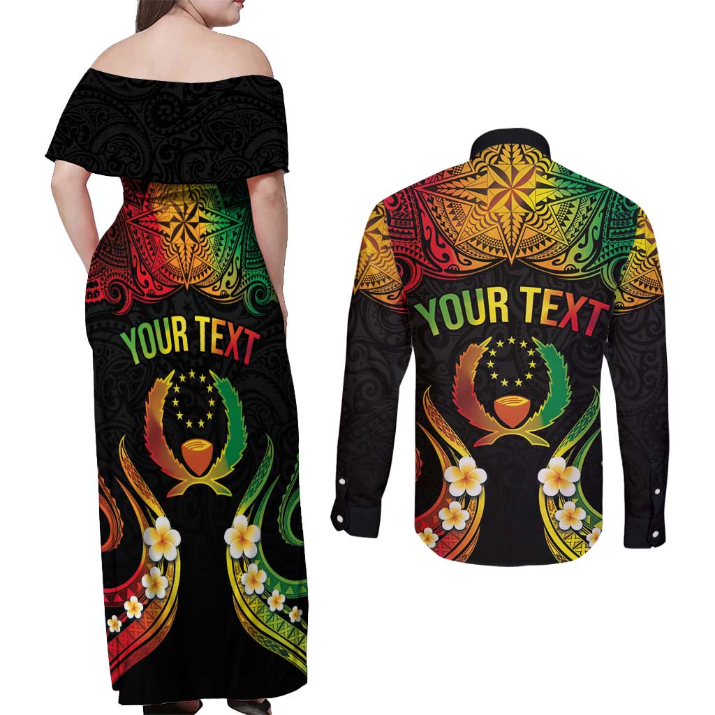 Personalised Pohnpei Independence Day Couples Matching Off Shoulder Maxi Dress and Long Sleeve Button Shirt Polynesian Tattoo and Plumeria Reggae Color
