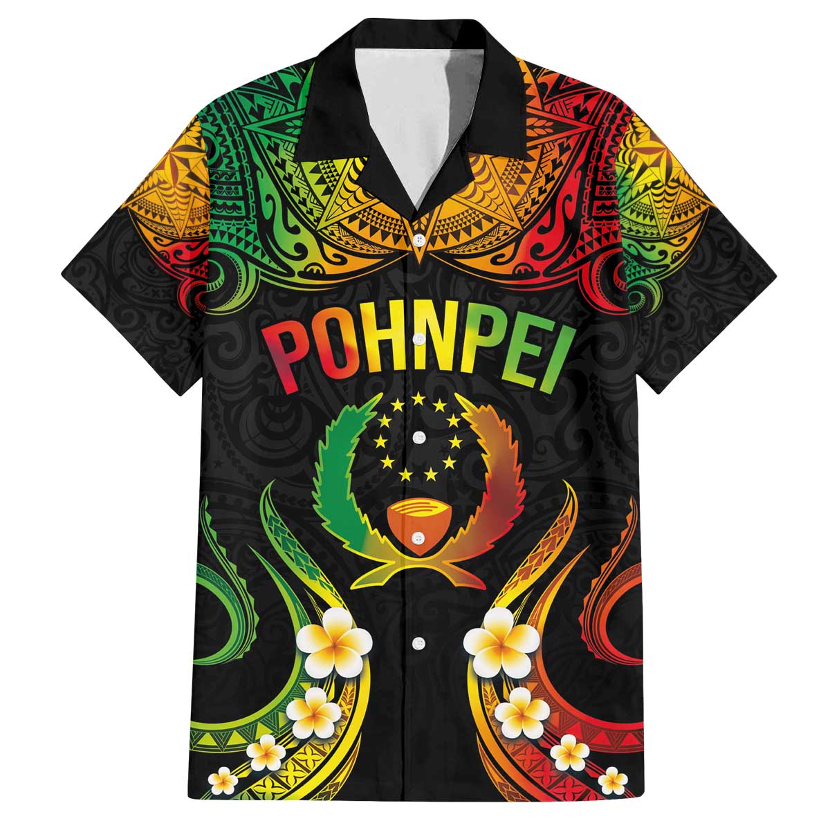 Personalised Pohnpei Independence Day Family Matching Puletasi and Hawaiian Shirt Polynesian Tattoo and Plumeria Reggae Color