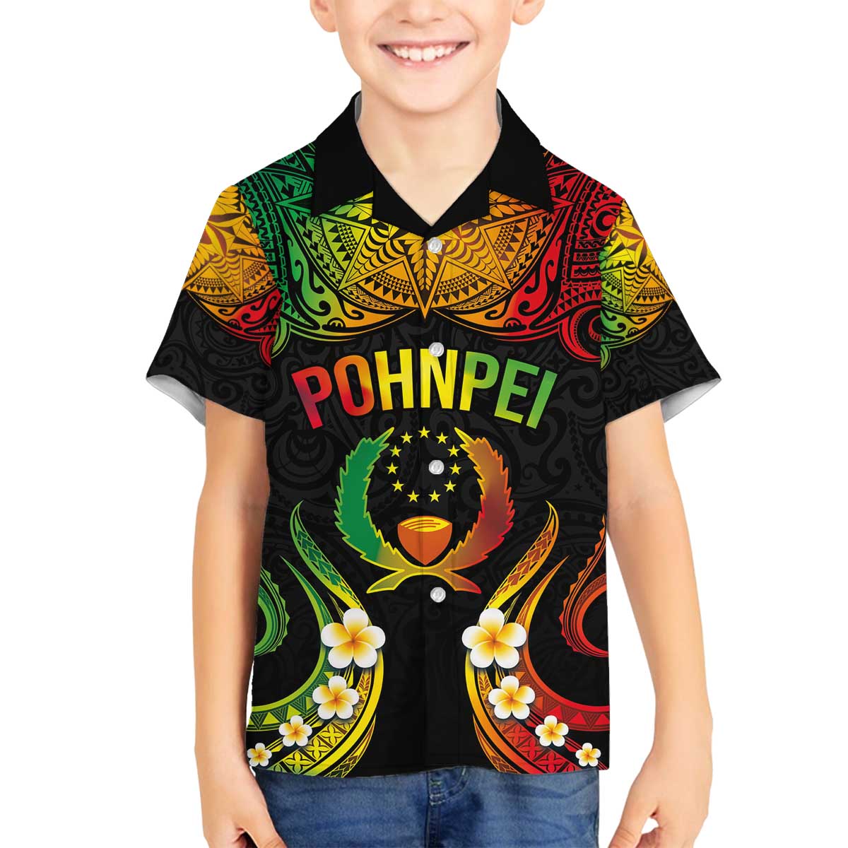 Personalised Pohnpei Independence Day Family Matching Puletasi and Hawaiian Shirt Polynesian Tattoo and Plumeria Reggae Color