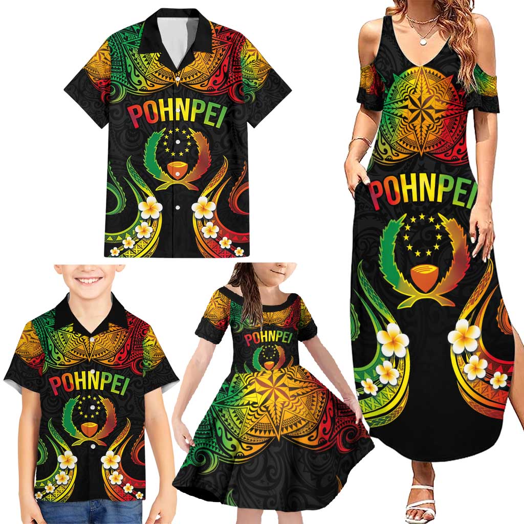 Personalised Pohnpei Independence Day Family Matching Summer Maxi Dress and Hawaiian Shirt Polynesian Tattoo and Plumeria Reggae Color LT03 - Polynesian Pride