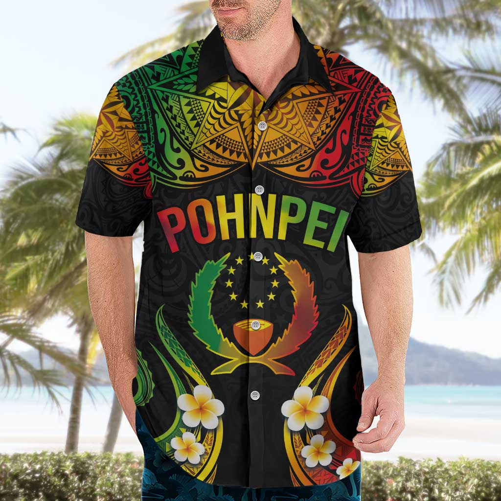 Personalised Pohnpei Independence Day Hawaiian Shirt Polynesian Tattoo and Plumeria Reggae Color