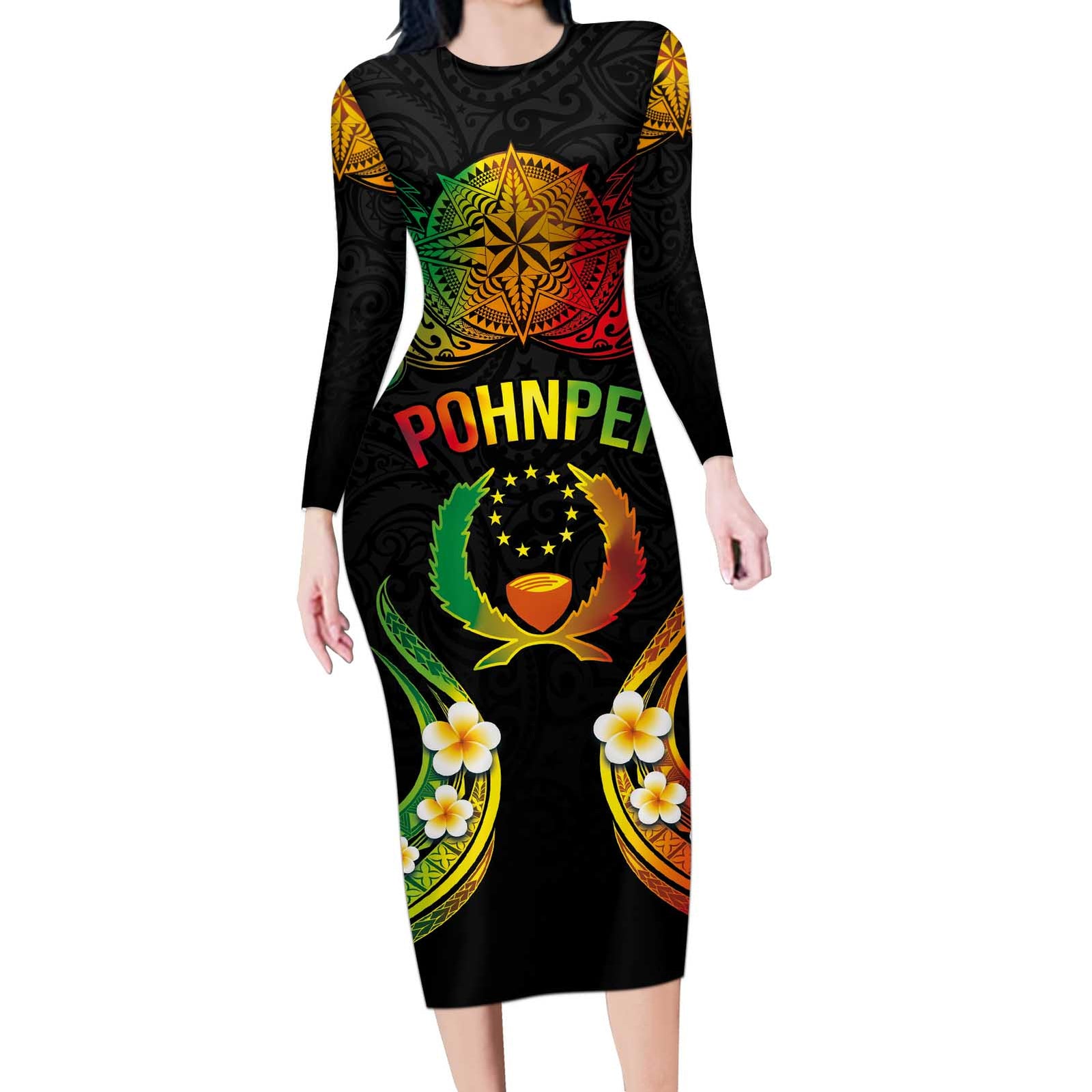 Personalised Pohnpei Independence Day Long Sleeve Bodycon Dress Polynesian Tattoo and Plumeria Reggae Color LT03 Long Dress Reggae - Polynesian Pride