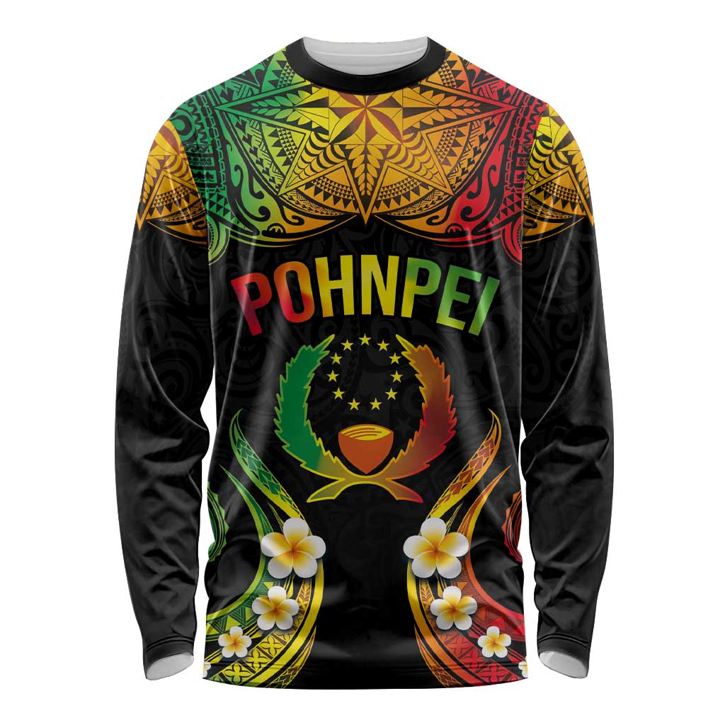 Personalised Pohnpei Independence Day Long Sleeve Shirt Polynesian Tattoo and Plumeria Reggae Color LT03 Unisex Reggae - Polynesian Pride