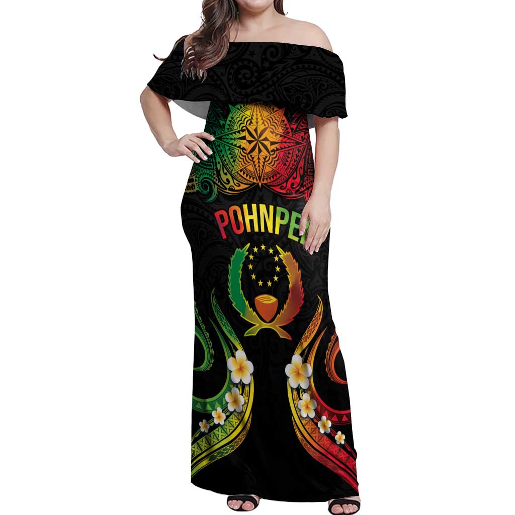 Personalised Pohnpei Independence Day Off Shoulder Maxi Dress Polynesian Tattoo and Plumeria Reggae Color LT03 Women Reggae - Polynesian Pride