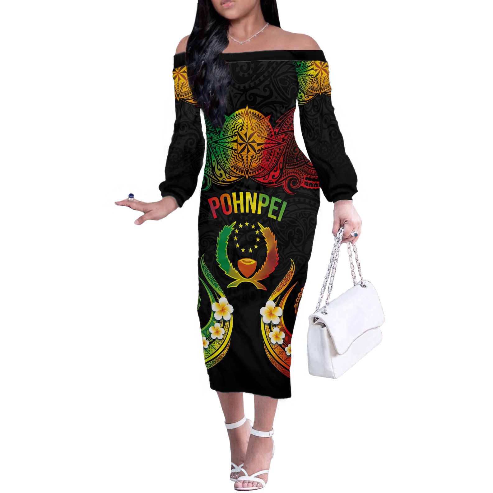 Personalised Pohnpei Independence Day Off The Shoulder Long Sleeve Dress Polynesian Tattoo and Plumeria Reggae Color LT03 Women Reggae - Polynesian Pride