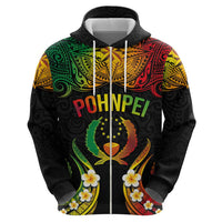 Personalised Pohnpei Independence Day Zip Hoodie Polynesian Tattoo and Plumeria Reggae Color