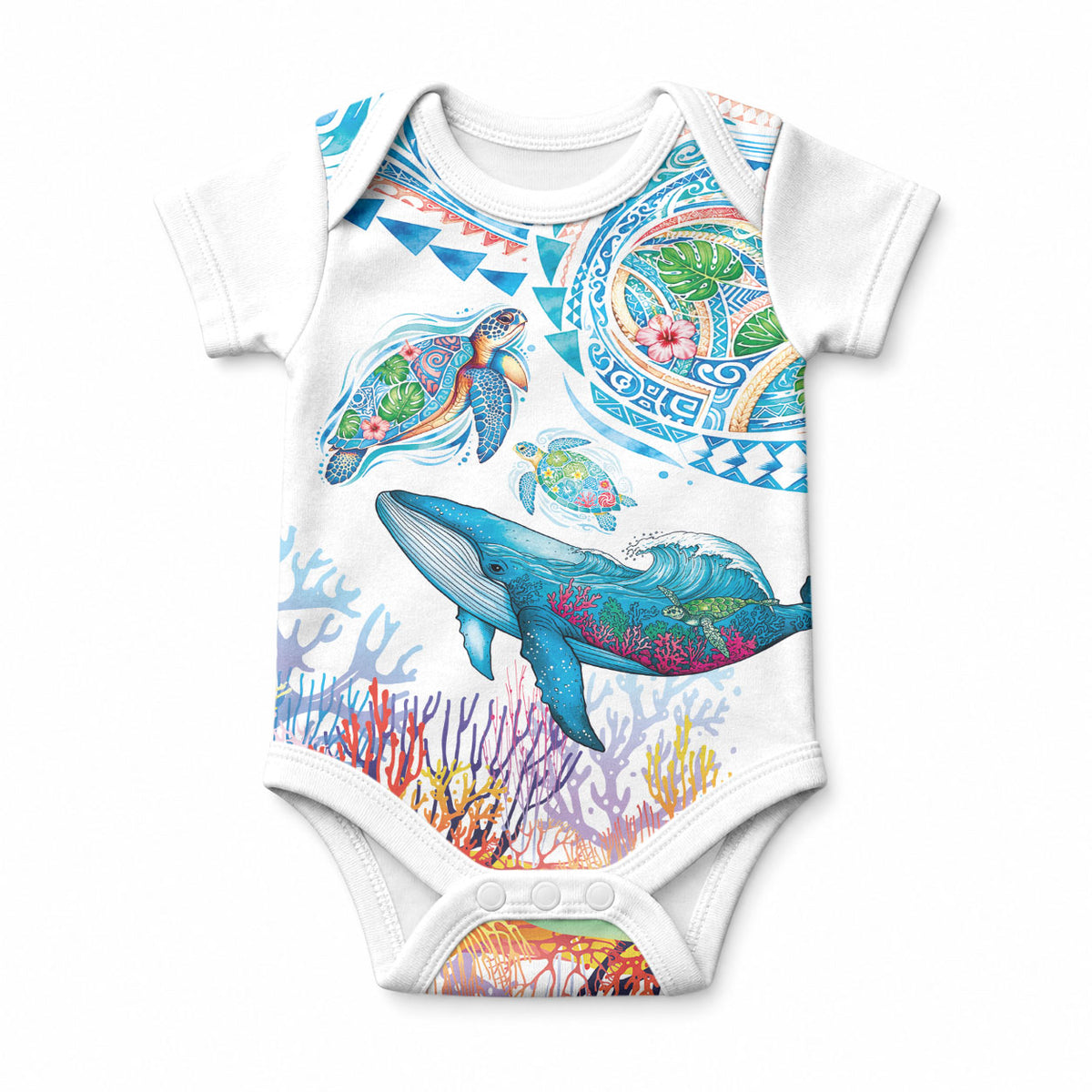 Hawaiian Turtles and Whales Baby Onesie Polynesian Tropical Tattoo Ocean Style