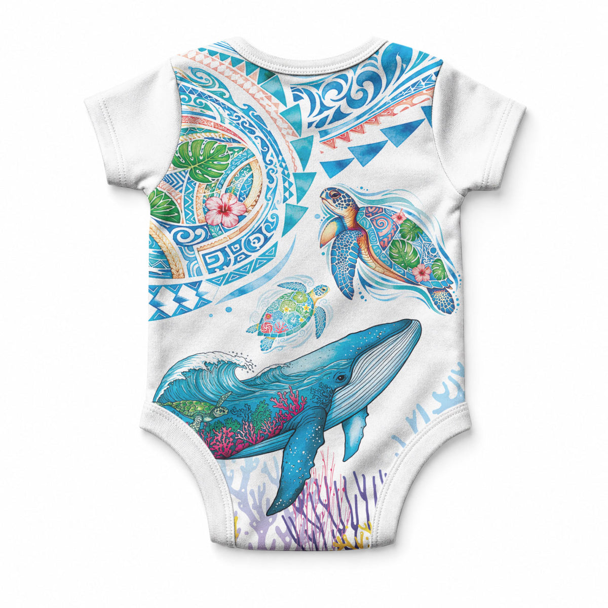 Hawaiian Turtles and Whales Baby Onesie Polynesian Tropical Tattoo Ocean Style