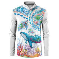 Hawaiian Turtles and Whales Button Sweatshirt Polynesian Tropical Tattoo Ocean Style