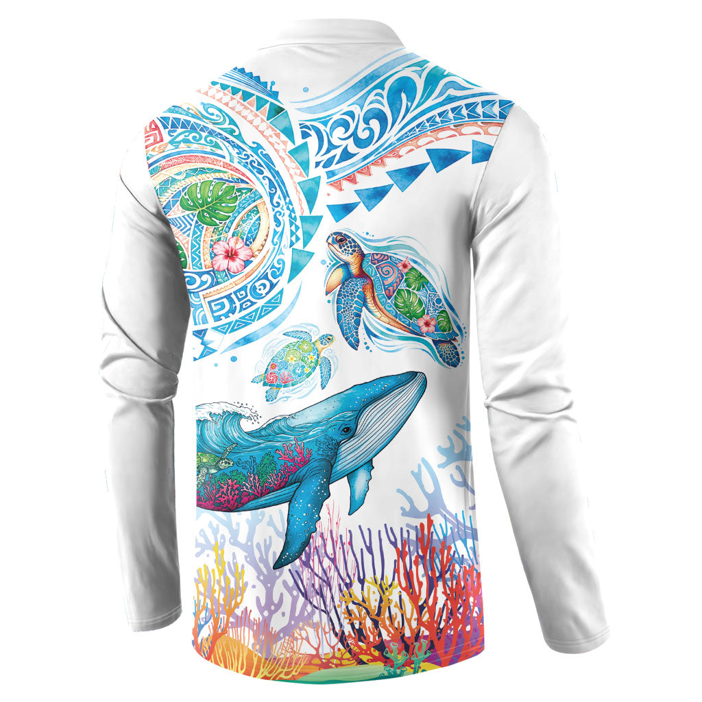 Hawaiian Turtles and Whales Button Sweatshirt Polynesian Tropical Tattoo Ocean Style