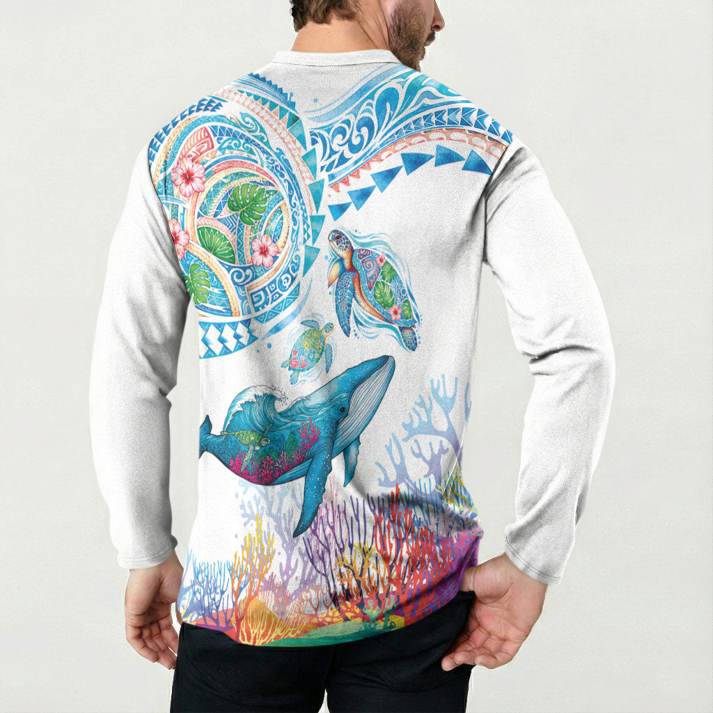 Hawaiian Turtles and Whales Button Sweatshirt Polynesian Tropical Tattoo Ocean Style