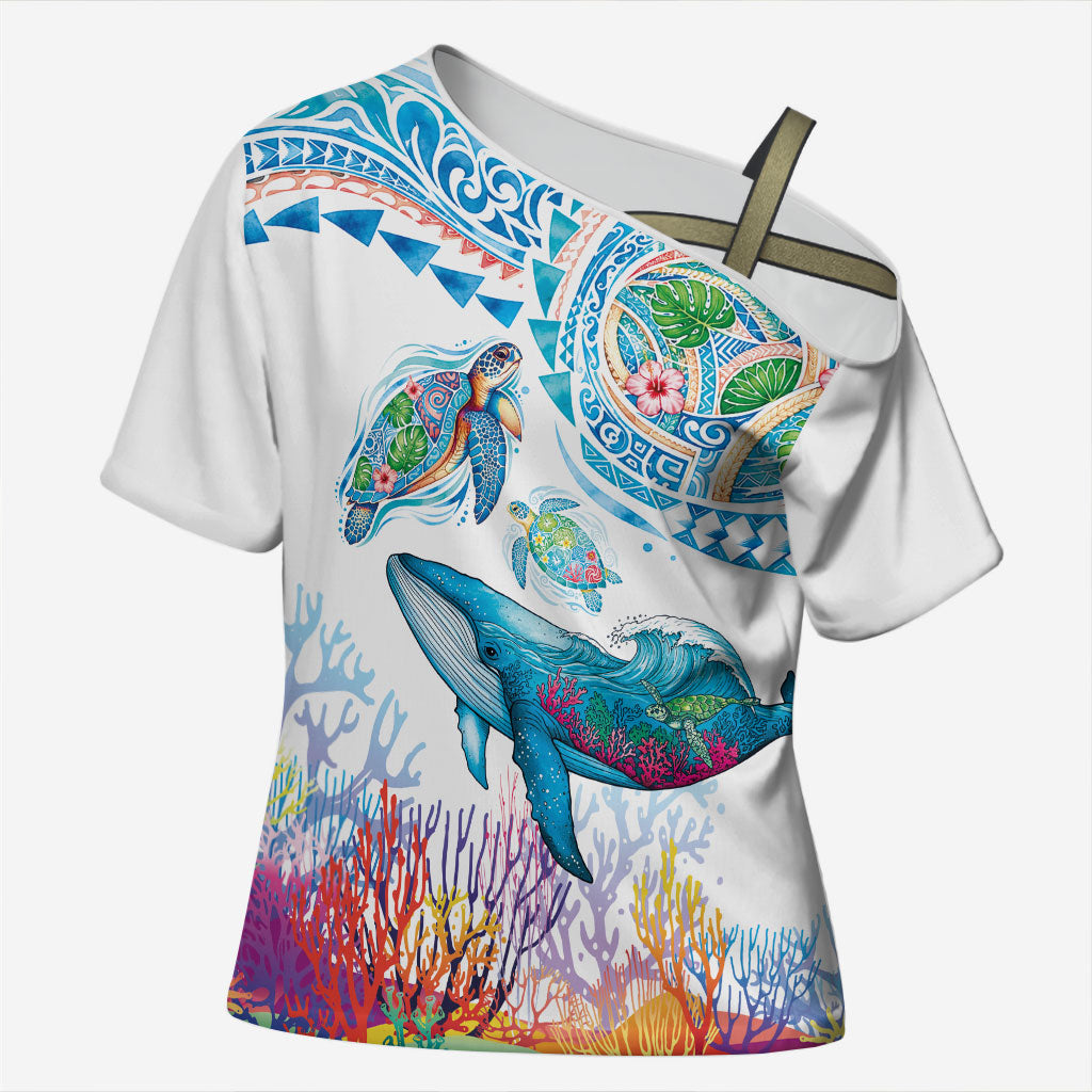 Hawaiian Turtles and Whales Cross Shoulder Shirt Polynesian Tropical Tattoo Ocean Style