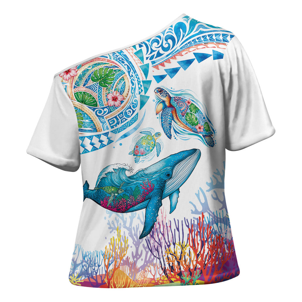 Hawaiian Turtles and Whales Cross Shoulder Shirt Polynesian Tropical Tattoo Ocean Style