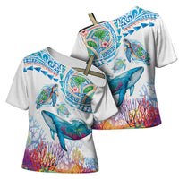 Hawaiian Turtles and Whales Cross Shoulder Shirt Polynesian Tropical Tattoo Ocean Style