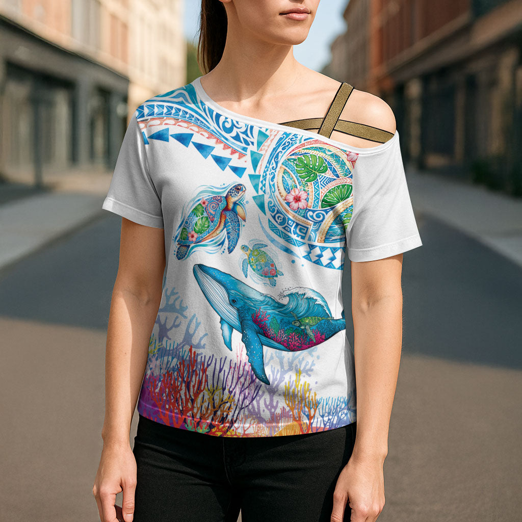 Hawaiian Turtles and Whales Cross Shoulder Shirt Polynesian Tropical Tattoo Ocean Style