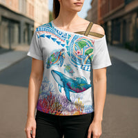 Hawaiian Turtles and Whales Cross Shoulder Shirt Polynesian Tropical Tattoo Ocean Style
