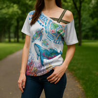 Hawaiian Turtles and Whales Cross Shoulder Shirt Polynesian Tropical Tattoo Ocean Style