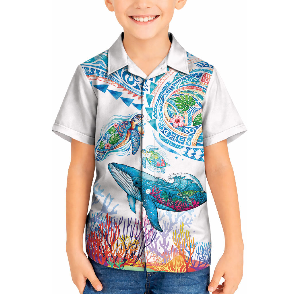 Hawaiian Turtles and Whales Kid Hawaiian Shirt Polynesian Tropical Tattoo Ocean Style