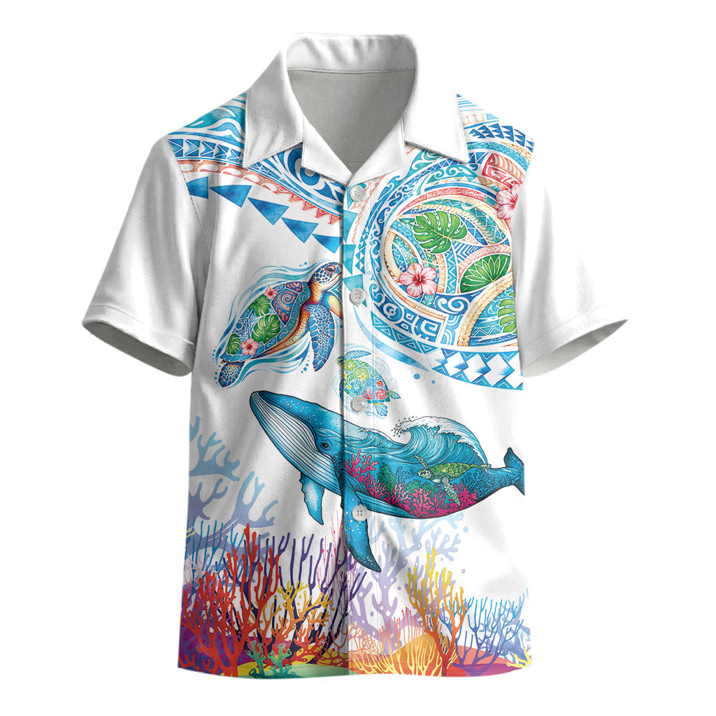 Hawaiian Turtles and Whales Kid Hawaiian Shirt Polynesian Tropical Tattoo Ocean Style