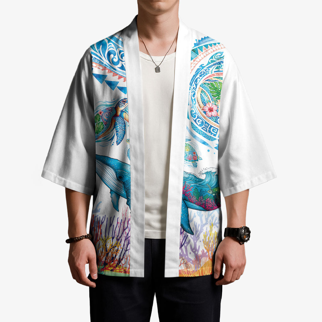 Hawaiian Turtles and Whales Kimono Polynesian Tropical Tattoo Ocean Style