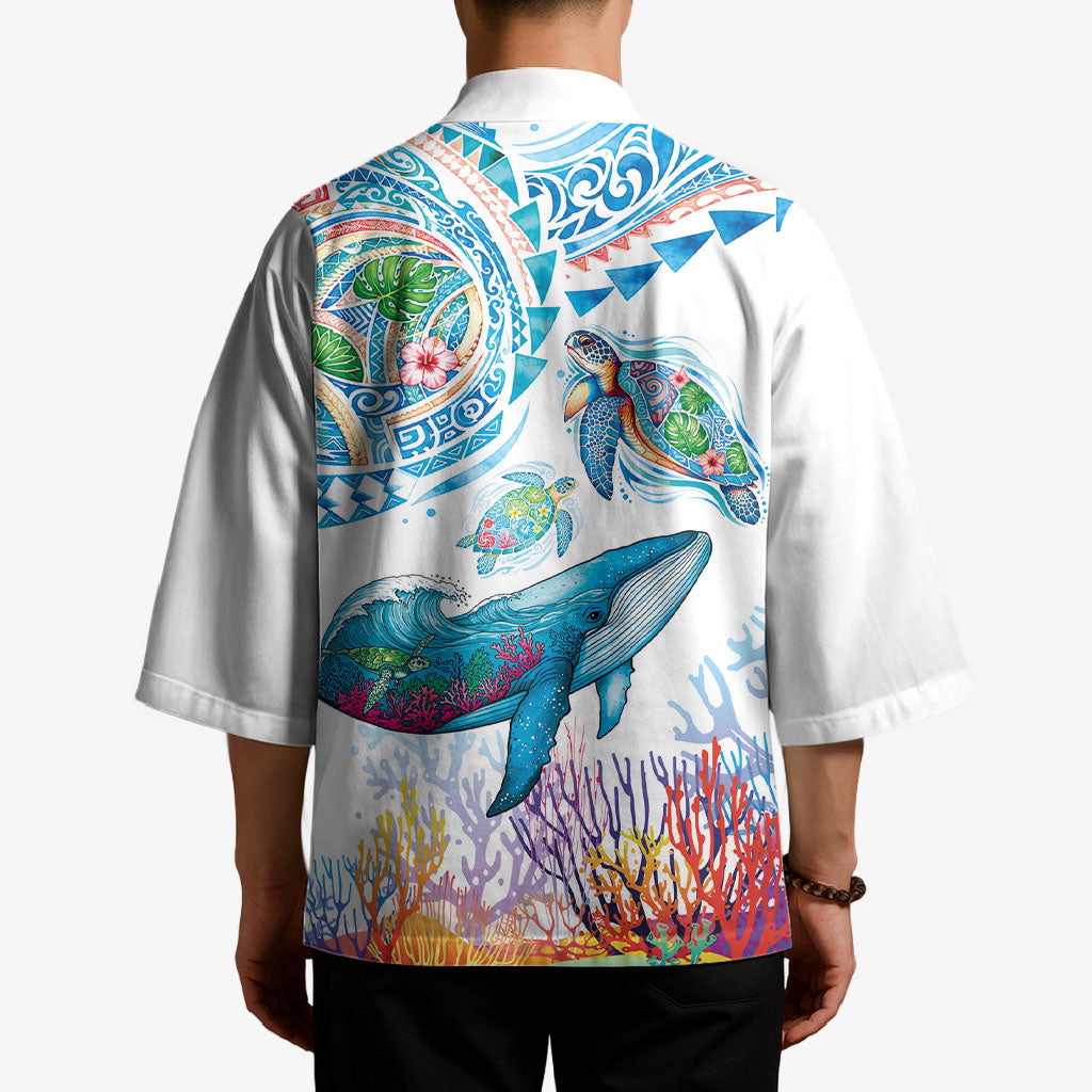Hawaiian Turtles and Whales Kimono Polynesian Tropical Tattoo Ocean Style