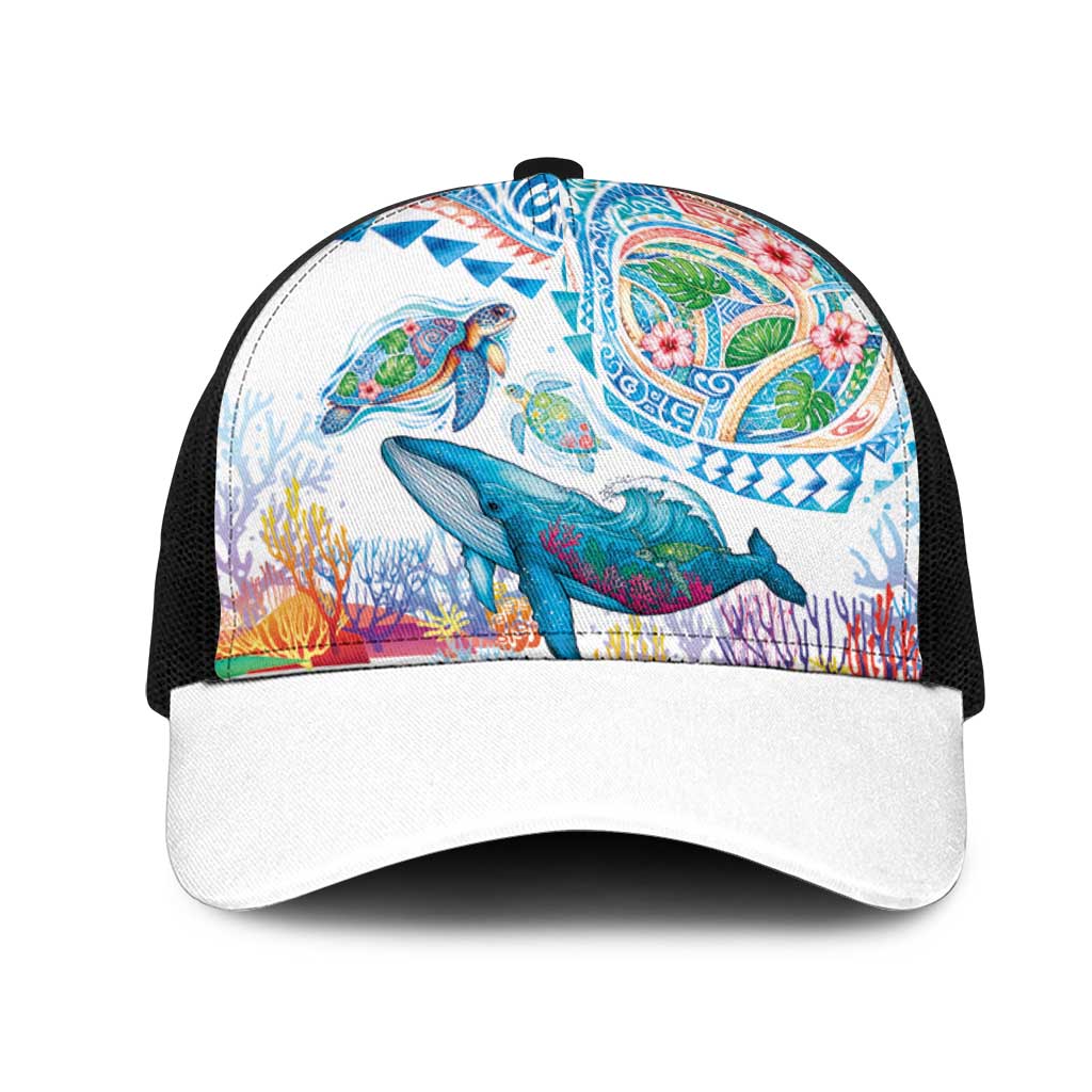 Hawaiian Turtles and Whales Mesh Trucker Cap Polynesian Tropical Tattoo Ocean Style