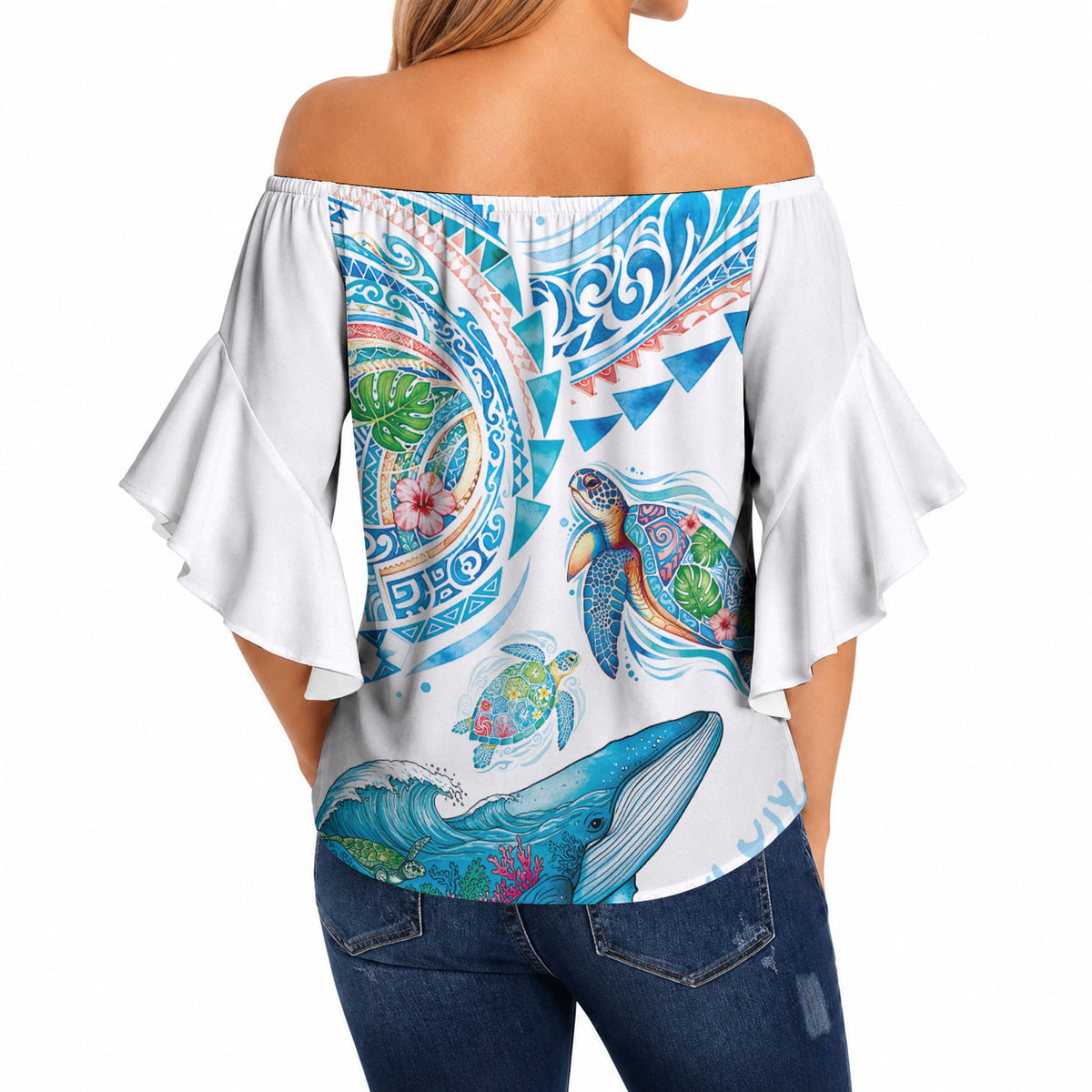 Hawaiian Turtles and Whales Off Shoulder Wrap Waist Top Polynesian Tropical Tattoo Ocean Style