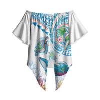 Hawaiian Turtles and Whales Off Shoulder Wrap Waist Top Polynesian Tropical Tattoo Ocean Style