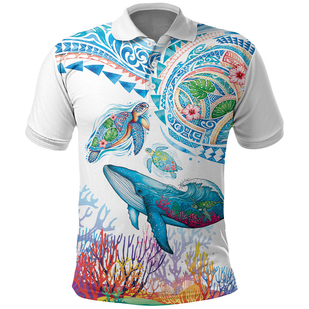 Hawaiian Turtles and Whales Polo Shirt Polynesian Tropical Tattoo Ocean Style
