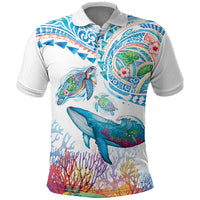 Hawaiian Turtles and Whales Polo Shirt Polynesian Tropical Tattoo Ocean Style