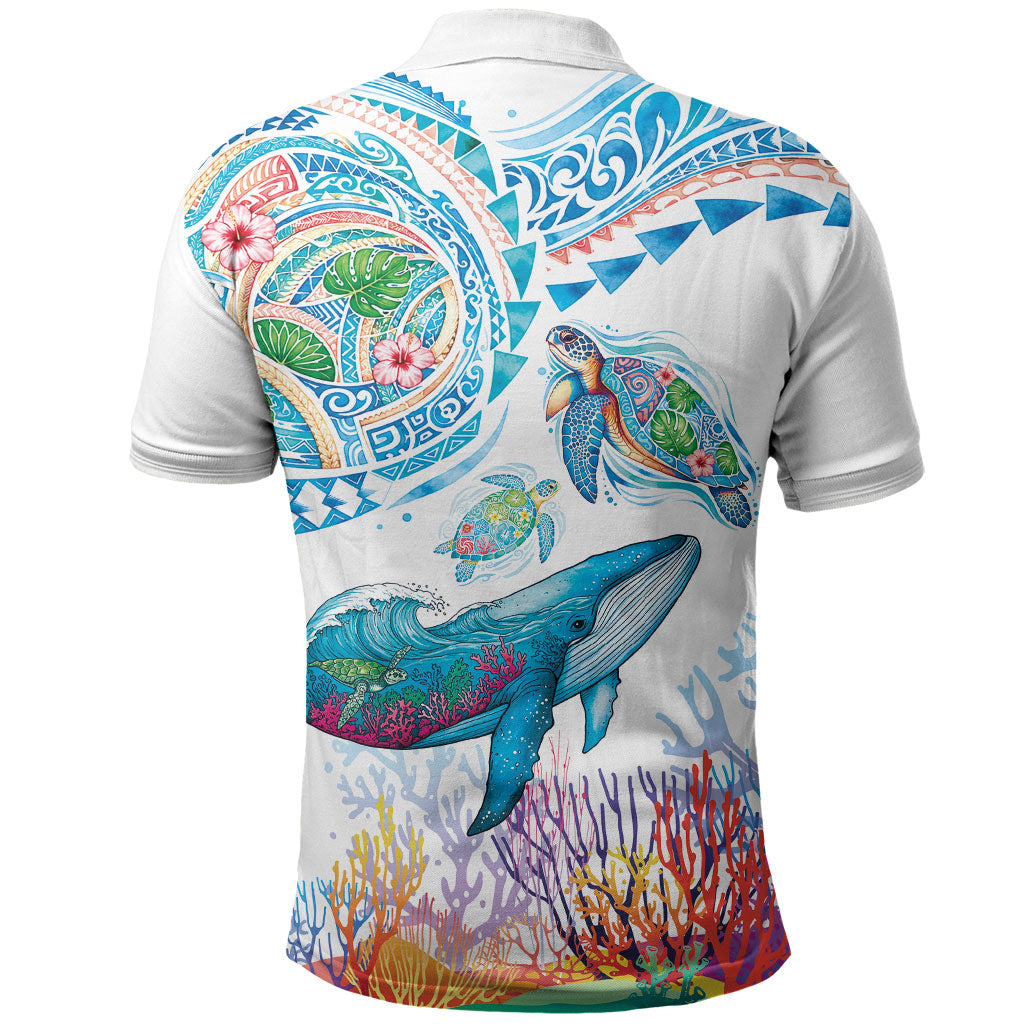 Hawaiian Turtles and Whales Polo Shirt Polynesian Tropical Tattoo Ocean Style