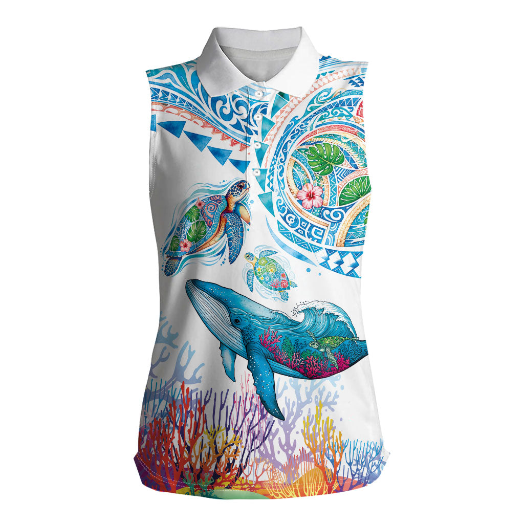 Hawaiian Turtles and Whales Women Sleeveless Polo Shirt Polynesian Tropical Tattoo Ocean Style