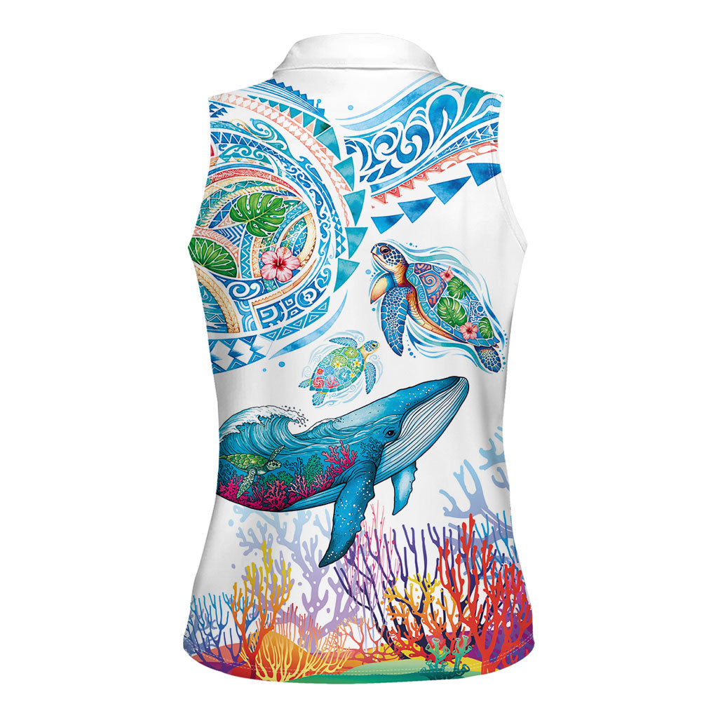 Hawaiian Turtles and Whales Women Sleeveless Polo Shirt Polynesian Tropical Tattoo Ocean Style